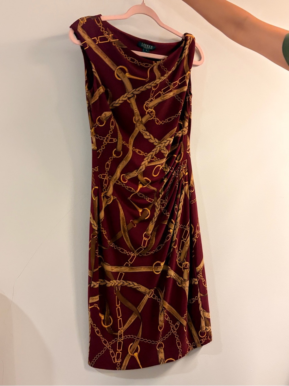 Ralph Lauren One-Shoulder Burgundy Dress with Gold Chain Print